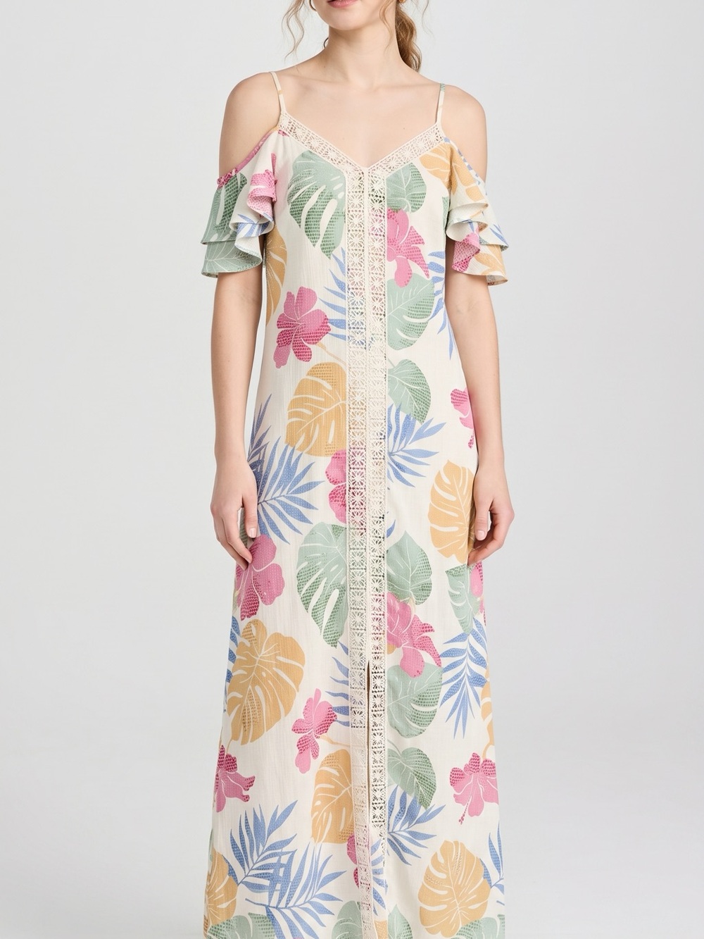 Tropical Cold-Shoulder Maxi Dress in Cream with Pastel Floral Print